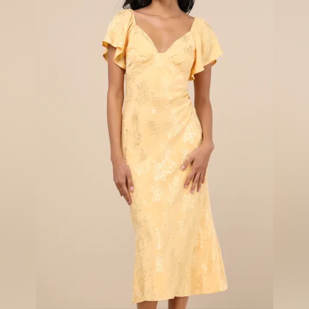 Lulu's Effervescent Afternoon Yellow Satin Flutter Sleeve Midi Dress
